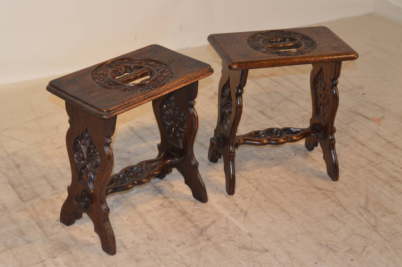 19th Century Pair of English Oak Pierced Stools
