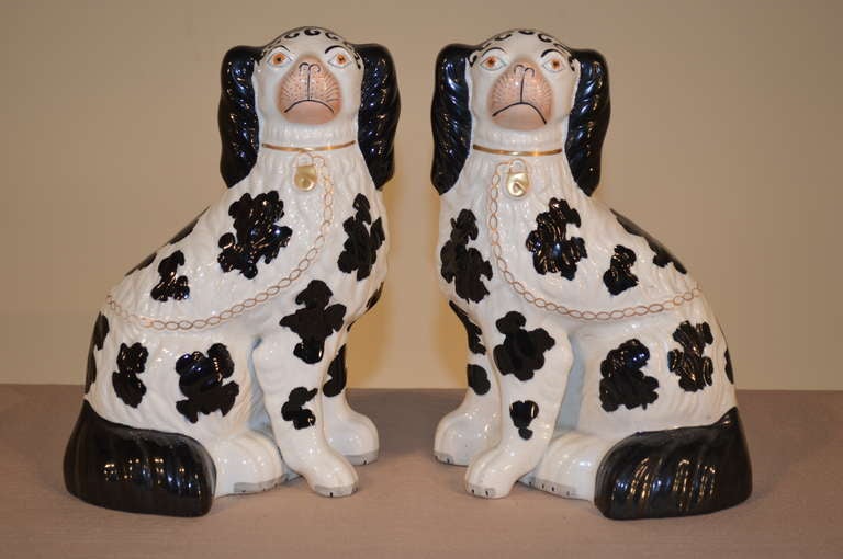 19th-C. Pair of English Staffordshire Disraeli dogs, named after Benjamin Disraeli who served as Prime Minister to England. This exquisite pair has separated front feet. These are a wonderful and rare example of Disraeli dogs.