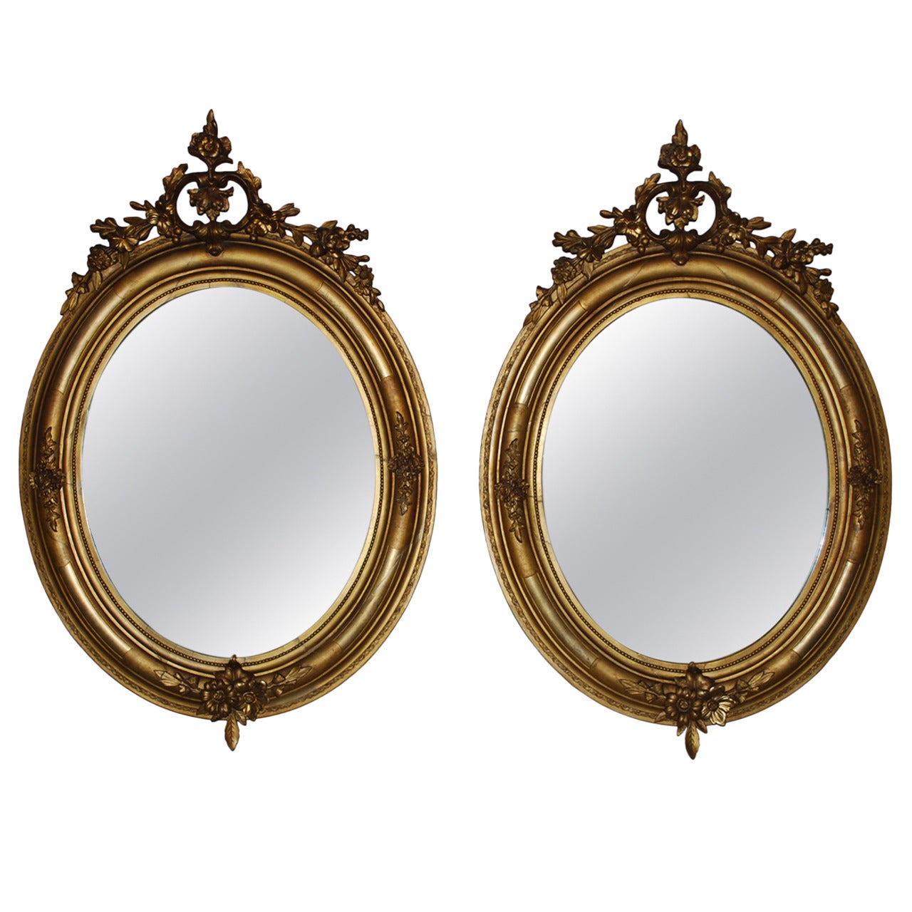 19th Century Pair of Gold Gilded Oval Mirrors