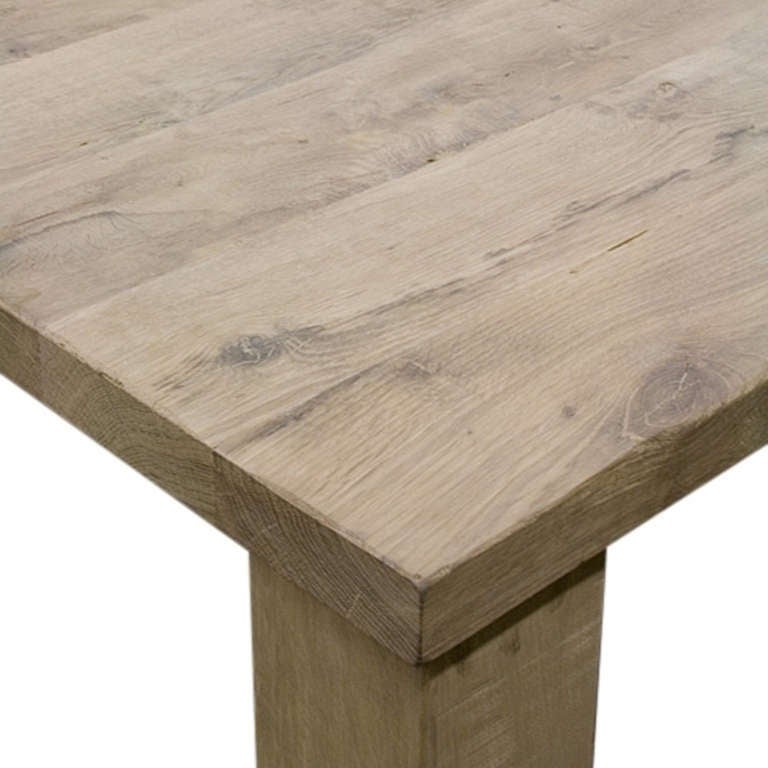 Measure to made distressed oak wood table, handcrafted in Holland.
The table legs are 12 x 12 cm, the tabletop is 5 cm thick.
The oak wood has a two-component finish which protects the top against dirt and spots but is not visible.
Perfect dining
