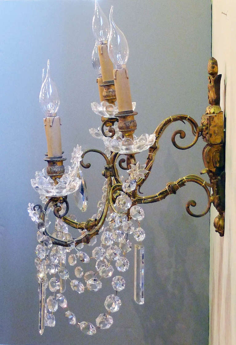 Crystal 19th Century Fire Gilded Pair of Wall Sconces