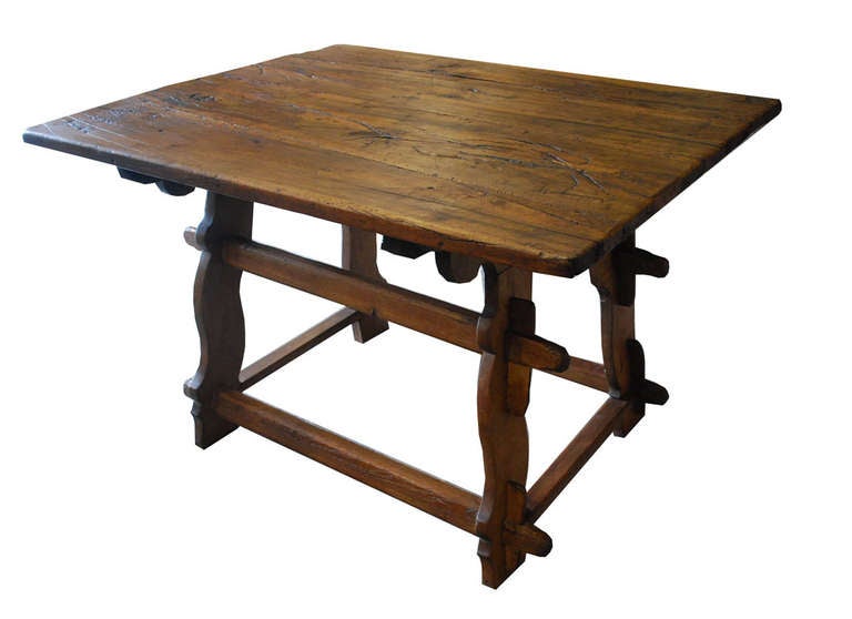 Antique table made of fruitwood, top is made of walnut wood.
The table has one drawer.
Originates the Alps region (Switzerland/ Austria/ Germany), dating circa 1820.