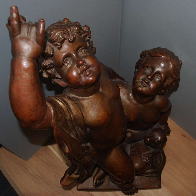 20th Century Terracotta Children Dog Angels Statue Sculptures Bronze 1