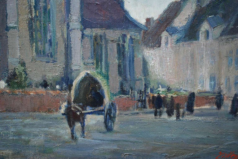 20th century painting presenting a Belgium town scene.
Oil on canvas with original frame made by Belgium artist Joseph Tilleux (1896-1978)
Originates Belgium, dating circa 1930.