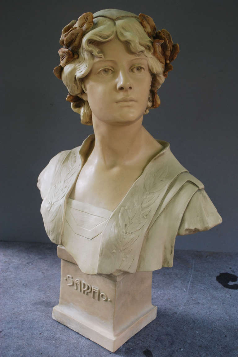 20th century Art Nouveau bust depicting Sappho; a Greek lyric poet, born on the island of Lesbos. The Alexandrians included her in the list of nine lyric poets. Her birth was sometime between 630 and 612 BC, and it is said that she died around 570