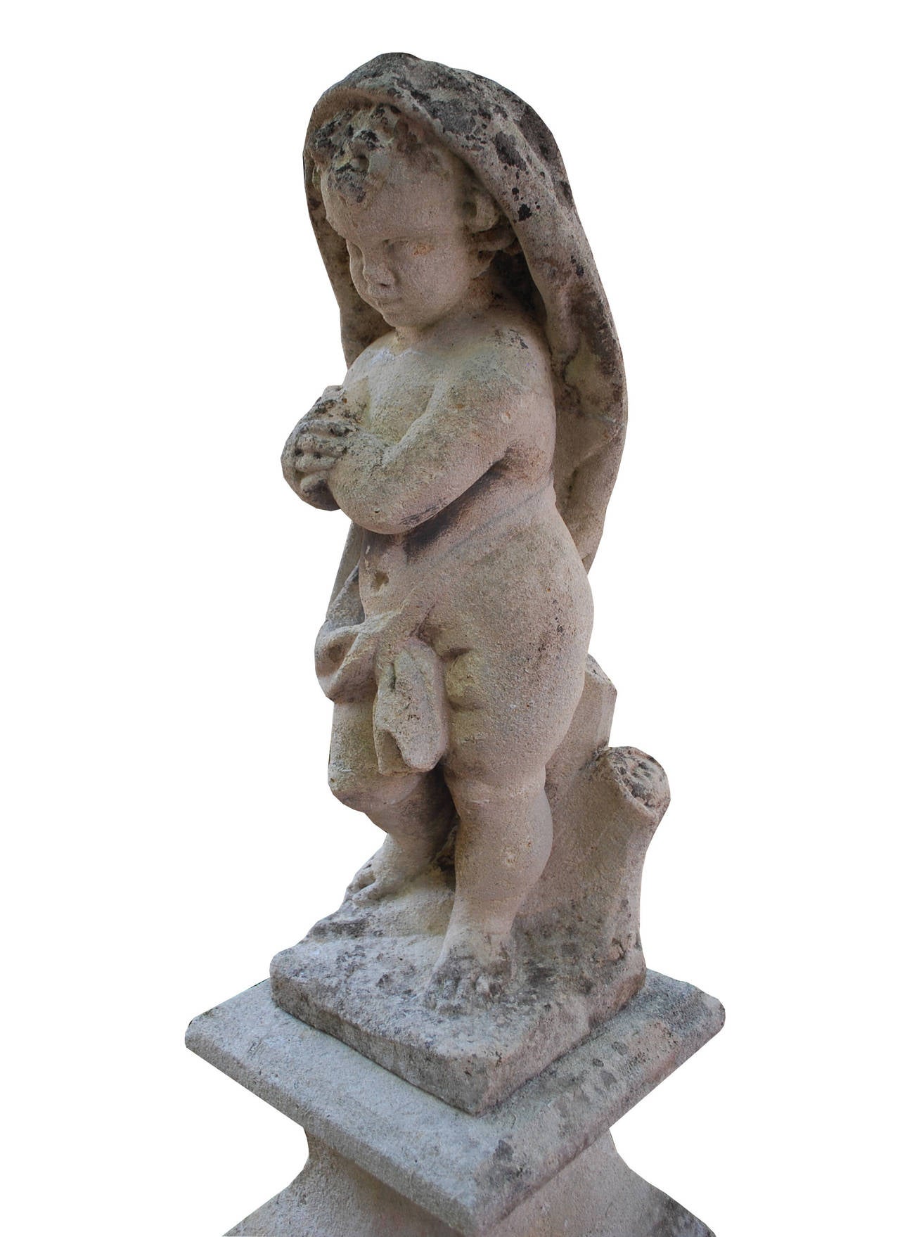 Italian 20th Century Sculpted Sandstone Putti on Pedestal