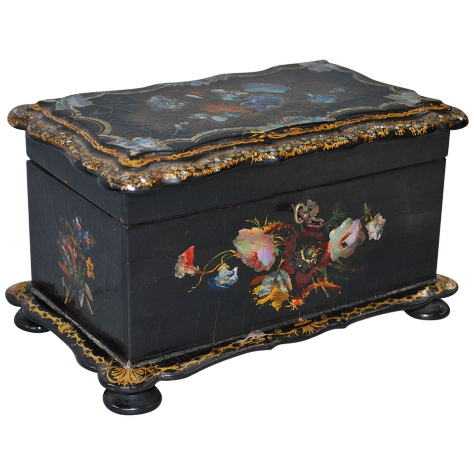 19th Century Hand-Painted Mother-of-Pearl Inlaid Tea Caddy