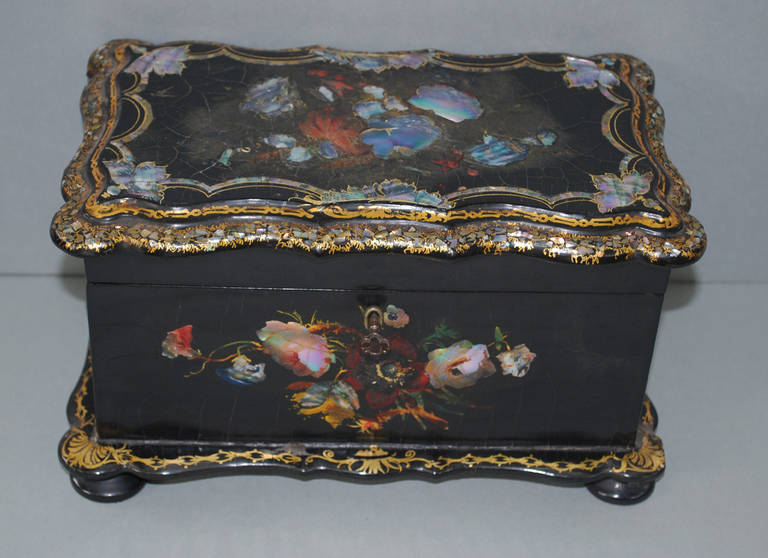 English 19th Century Hand-Painted Mother-of-Pearl Inlaid Tea Caddy