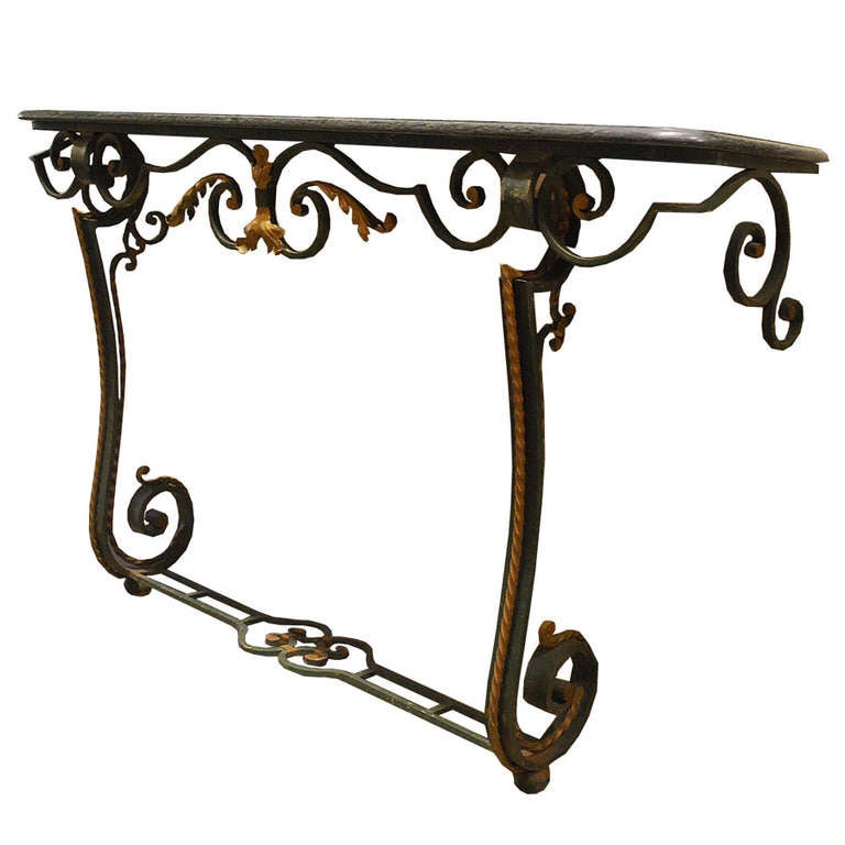 French 20th Century Iron Console Table with Serpentino Marble Top