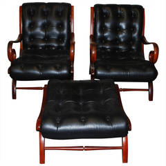 Vintage Leather and Mahogany Lounge Set