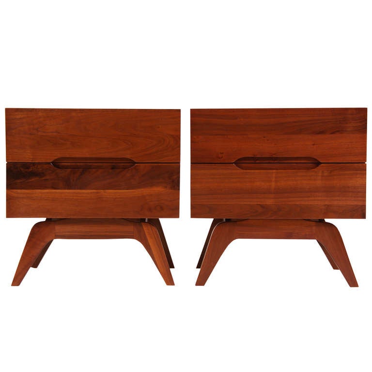 Mid Century Solid Walnut Night Stands w/ Sculpted Base at 1stdibs