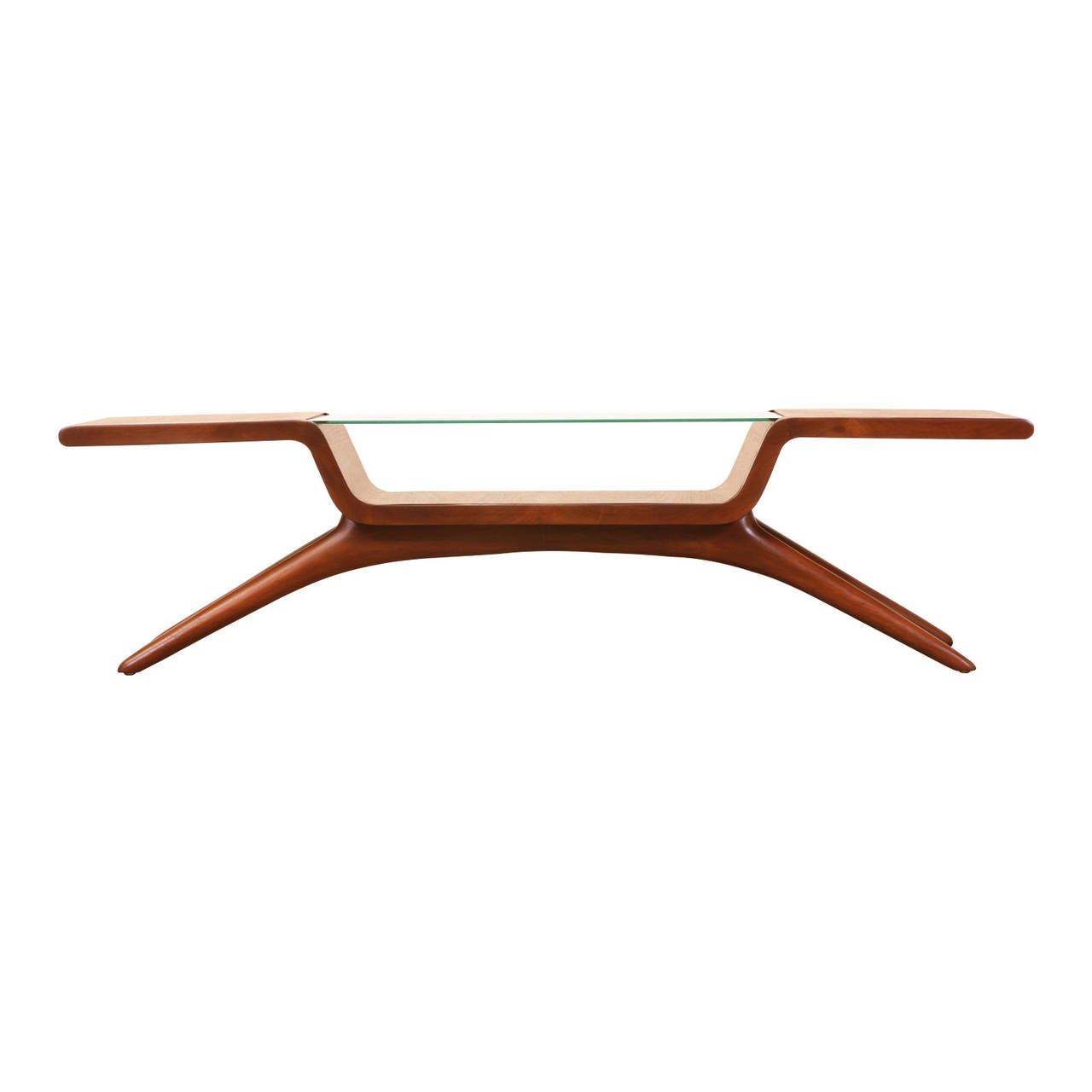 Designer: Vladimir Kagan.
Manufacturer: Dreyfuss Studio.
Period/Style: Mid-Century Modern.
Country: United States.
Date: 1960s.

Dimensions: 16″ H x 60″ L x 20″ W.
Materials: Walnut, glass.
Condition: Excellent, newly refinished.
Number of