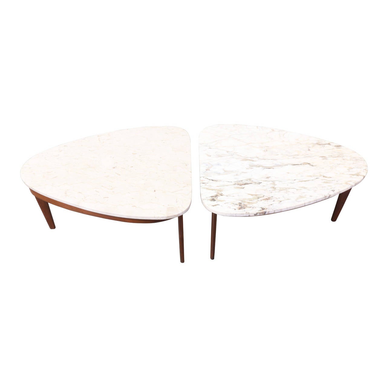 Mid Century Traingular Marble Top Side Tables In Excellent Condition In Los Angeles, CA