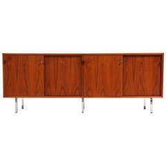 Mid Century Walnut Credenza with Leather Pulls by Florence Knoll