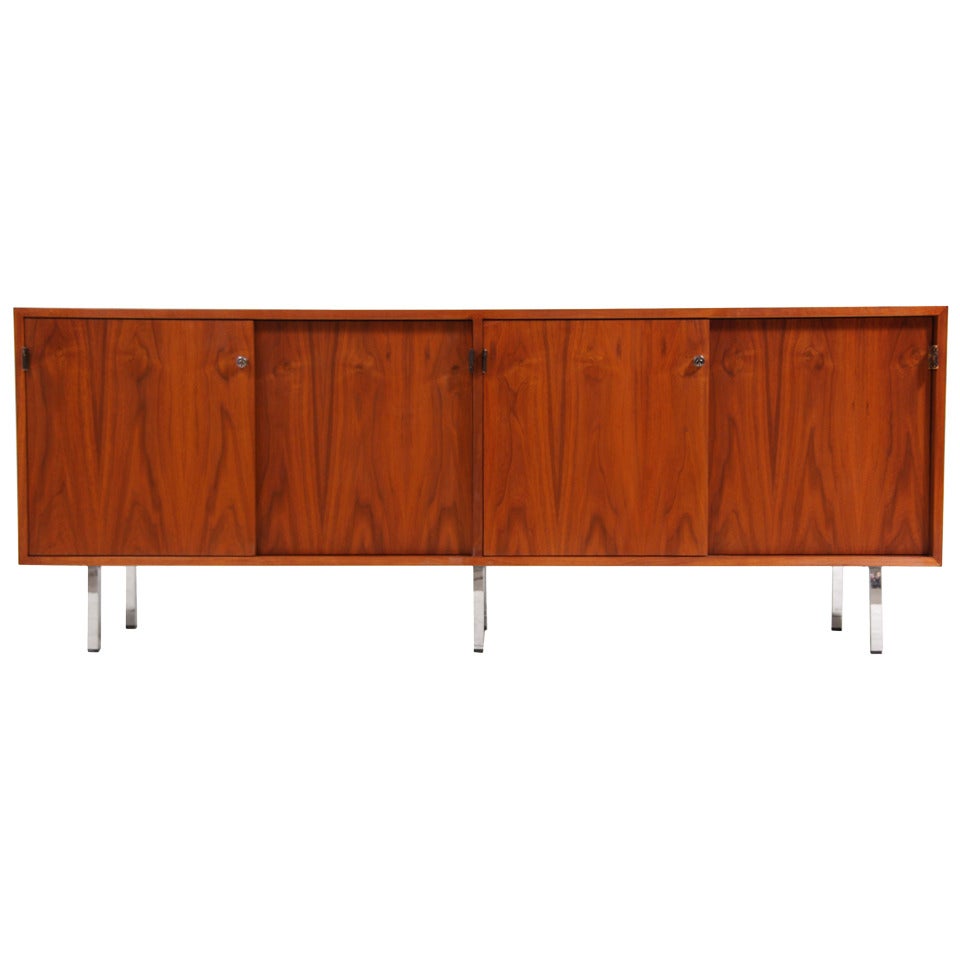 Mid Century Walnut Credenza with Leather Pulls by Florence Knoll