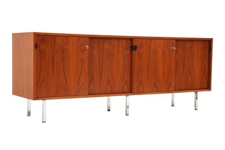 American Mid Century Walnut Credenza with Leather Pulls by Florence Knoll