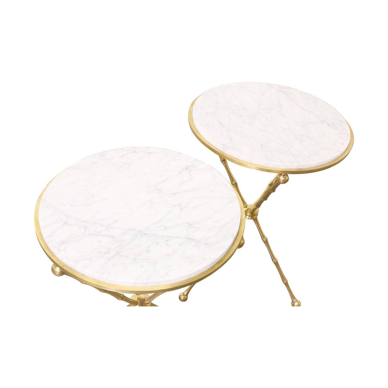 Mid-Century Modern Vintage Faux Bamboo Style, Brass Side Tables with Marble Tops‏