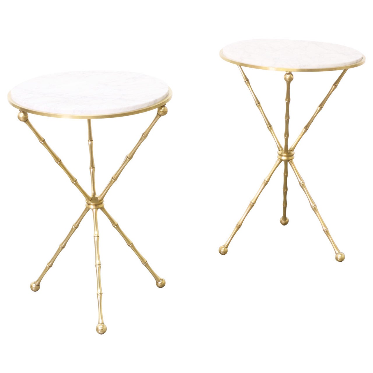 Vintage Faux Bamboo Style, Brass Side Tables with Marble Tops‏