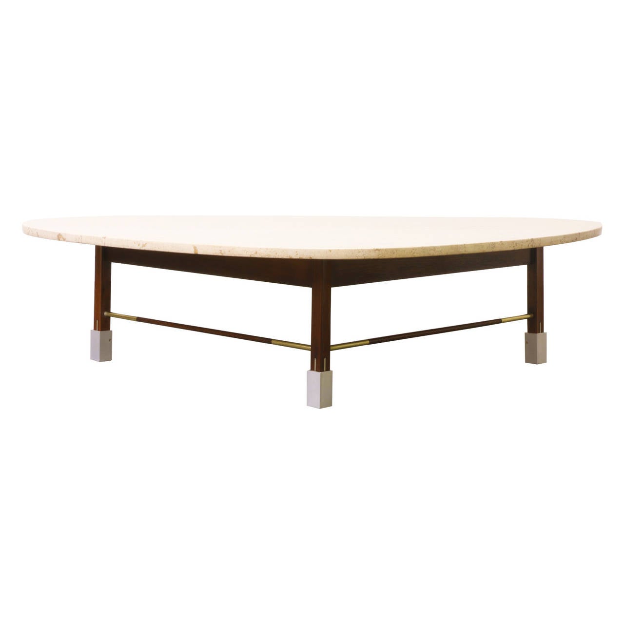 Designer: Unknown
Manufacturer: Unknown
Period/Style: Mid Century Modern
Country: United States
Date: 1960’s

Dimensions: 13.75″H x 56″W x 39.5″D
Materials: Travertine Marble, Walnut, Aluminum, Brass
Condition: Excellent – Minor Wear
Number
