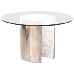 Vintage Stainless Steel and Carrera Marble Dining Table with Glass Top