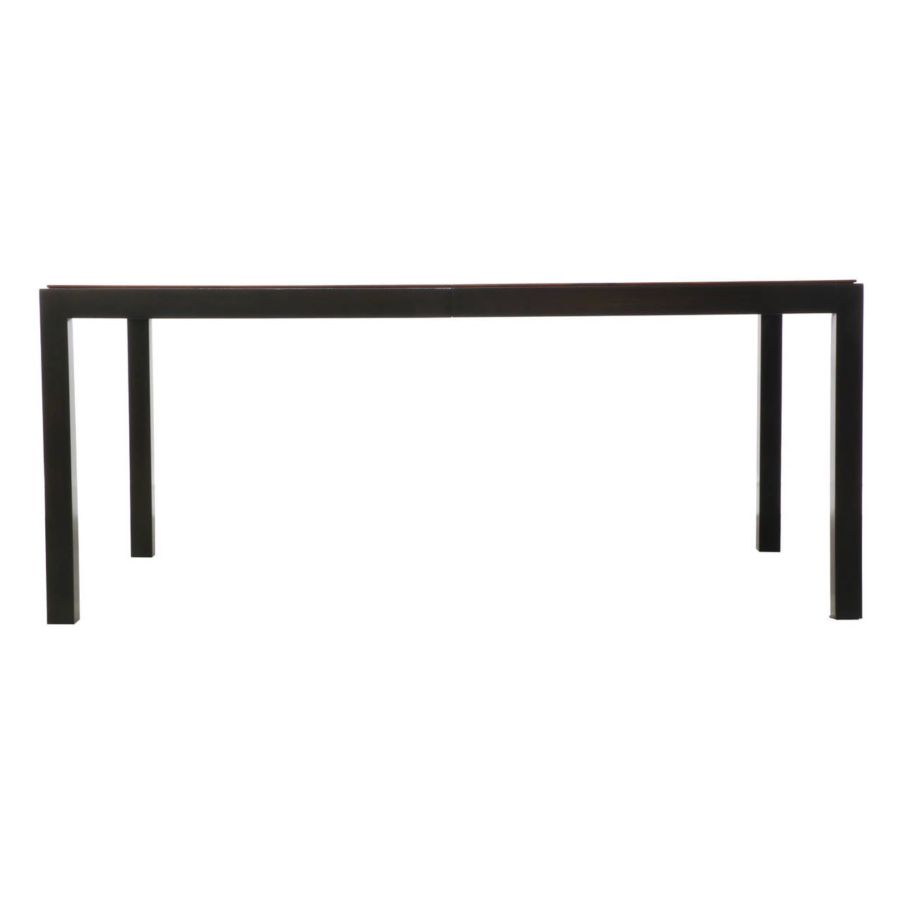 Designer: Unknown
Manufacturer: Unknown
Period/Style: Mid Century Modern
Country: United States
Date: 1960’s

Dimensions: 28.5″H x 68″L x 40″W
Expanding extentions 20″ Each
Total Extention 108″
Materials: Rosewood, Black Satin