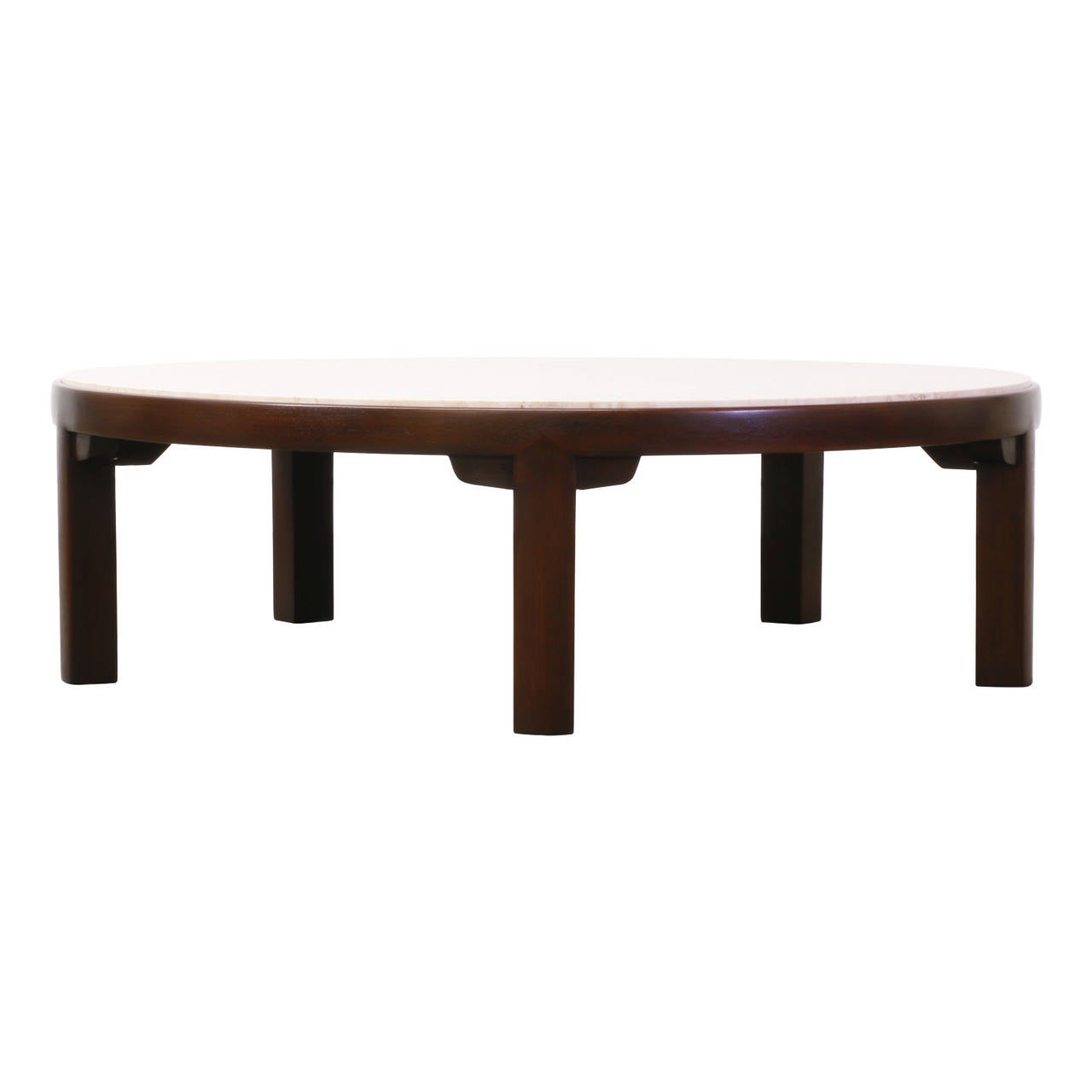 Designer: Edward J. Wormley.
Manufacturer: Dunbar.
Period/Style: Mid-Century Modern.
Country: United States.
Date: 1950s.

Dimensions: 14.75″ H x 48.5″ W.
Materials: Travertine, Mahogany.
Condition: Excellent, newly refinished and new
