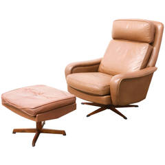 Danish Modern Leather Lounge Chair with Ottoman