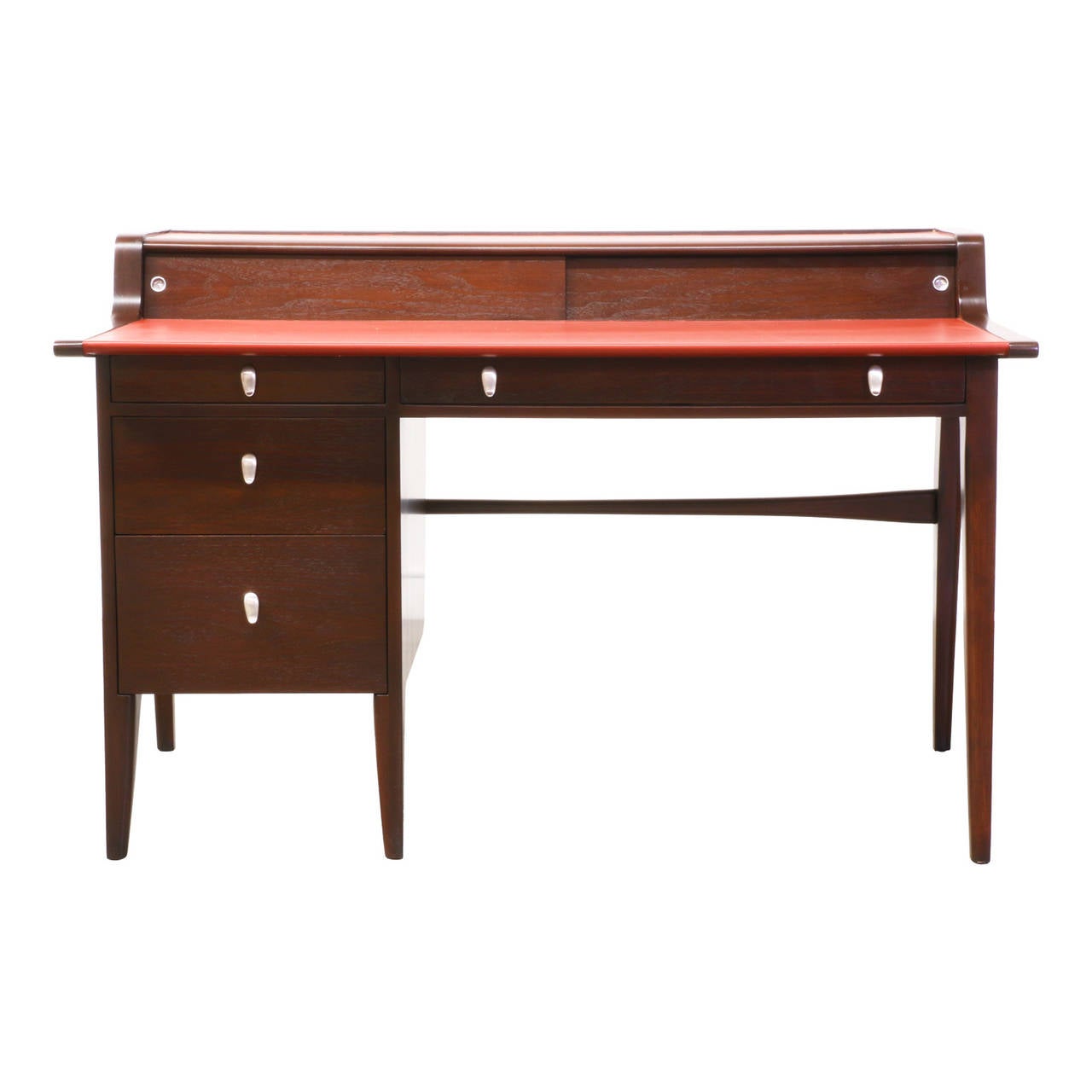 Designer: John Van Koert
Manufacturer: Drexel “Profile”
Period/Style: Mid Century Modern
Country: United States
Date: 1950’s

Dimensions: 35.25″H x 53.75″W x 32.25″D
Materials: Walnut, Leather
Condition: Excellent – Newly Refinished
Number