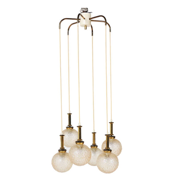 Pendant Brass Tier Chandelier with Six Amber Bubble Glass Globes