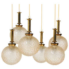 Pendant Brass Tier Chandelier with Six Amber Bubble Glass Globes