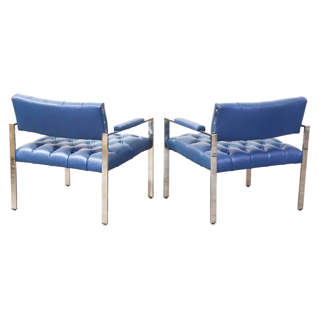 American Harvey Probber Chrome Leather Tufted Lounge Chairs