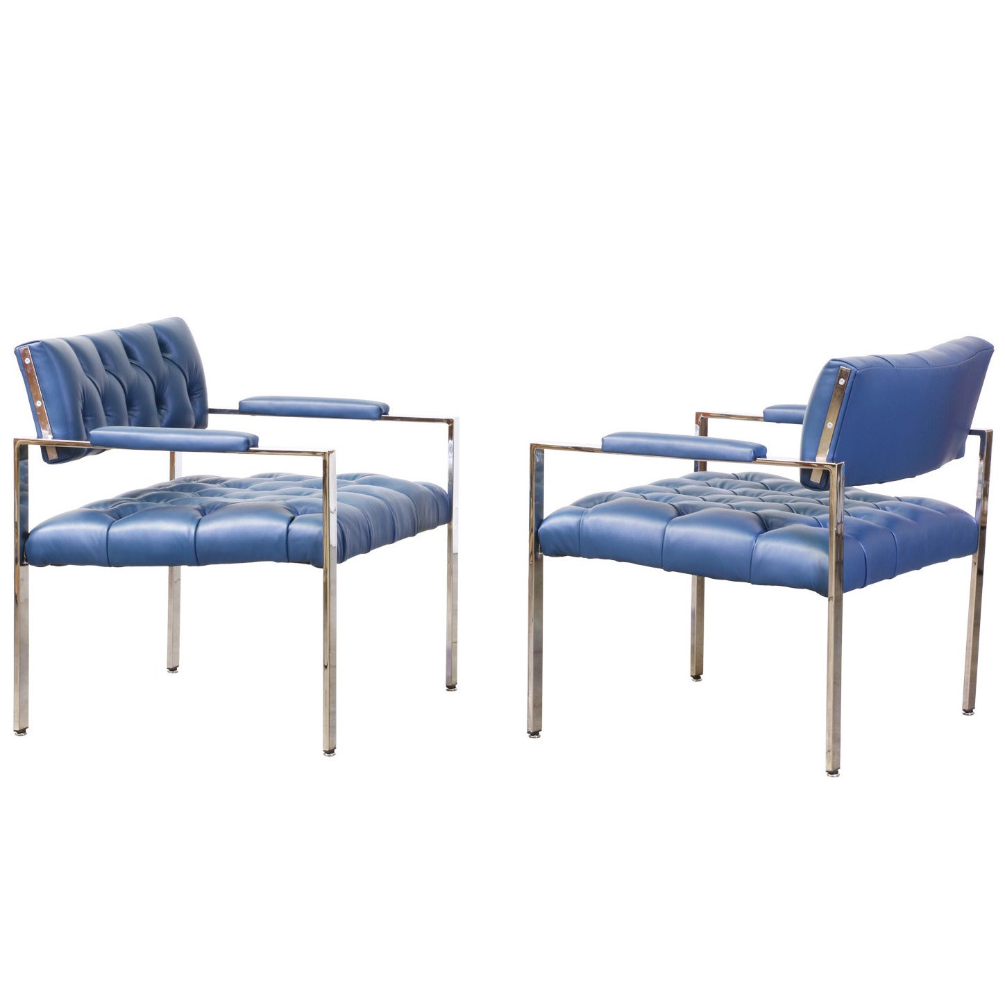 Harvey Probber Chrome Leather Tufted Lounge Chairs