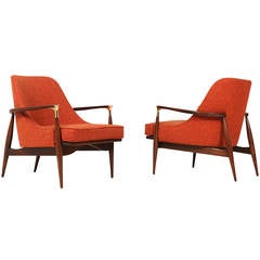 IB Kofod Larsen Brass Accented Danish Modern Lounge Chairs