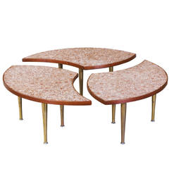 Mid-Century “Slice” Brass and Walnut Coffee Table with Ceramic Top