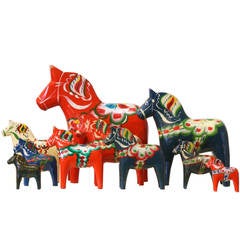 Retro Swedish Herd of Assorted-Size “Dala” Wood Toy Horses by Nils Olsson