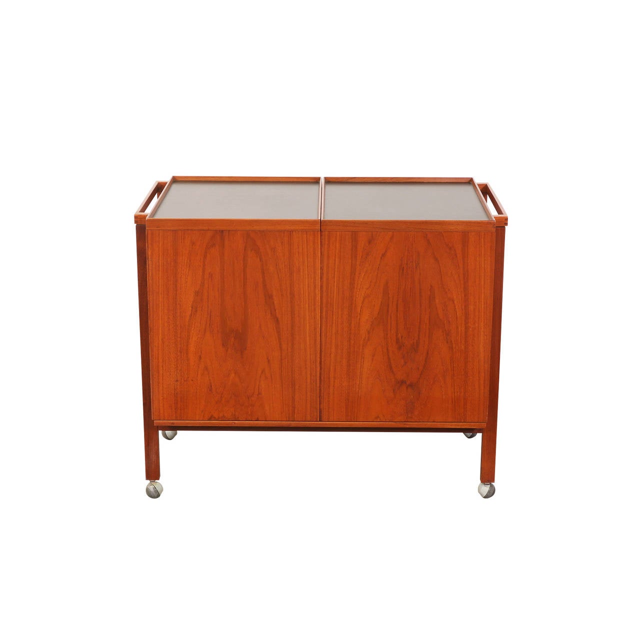 Unique rolling bar cart featuring two sections that slide out to reveal an interior with a glass shelf and enamel color sliding dividers. It’s durable laminate top makes a great surface for mixing and serving drinks too!