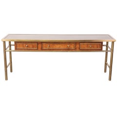 Mastercraft Amboyna Burl Wood & Patinated Brass Console Table w/ Etched Top
