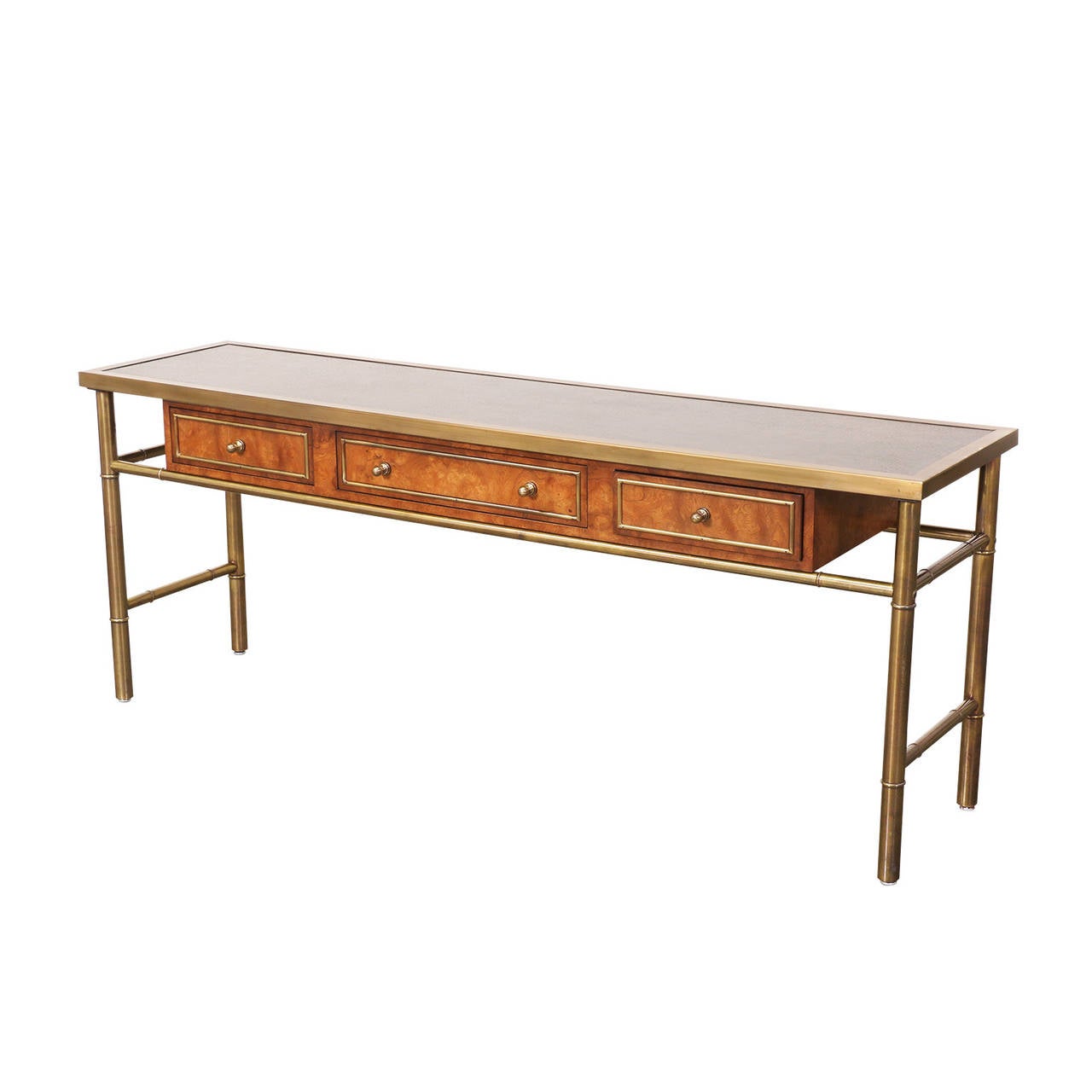 American Mastercraft Amboyna Burl Wood & Patinated Brass Console Table w/ Etched Top