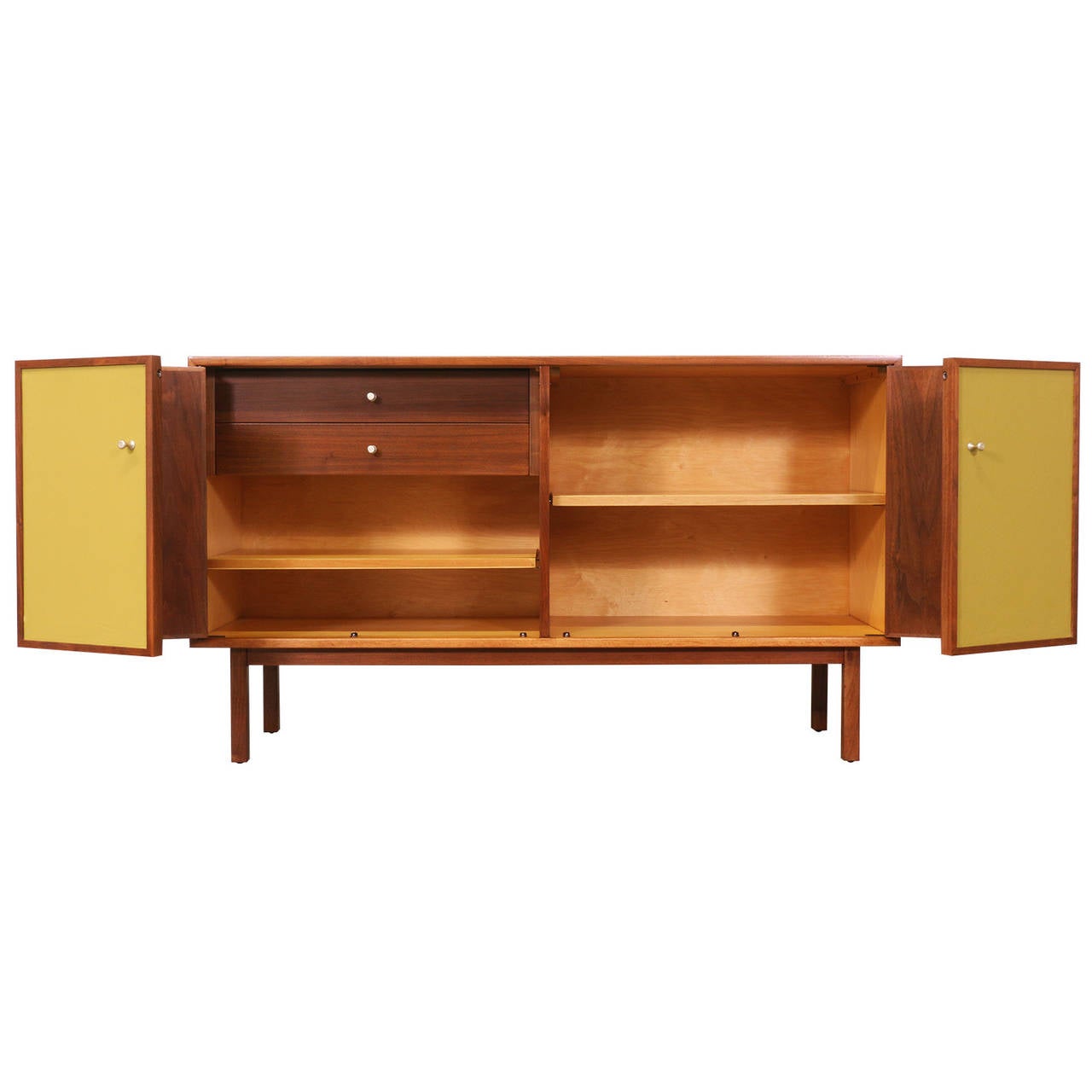Mid Century Walnut Bi-Folding Leather Door Credenza