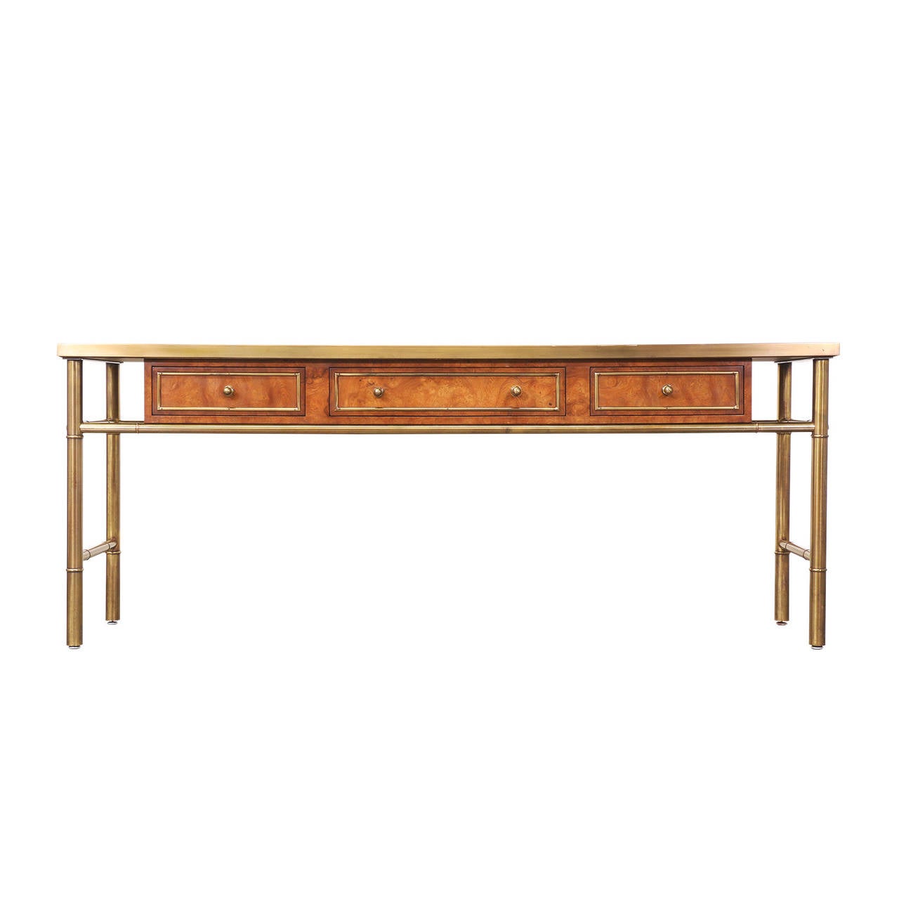 Mastercraft Amboyna Burl Wood & Patinated Brass Console Table w/ Etched Top In Excellent Condition In Los Angeles, CA