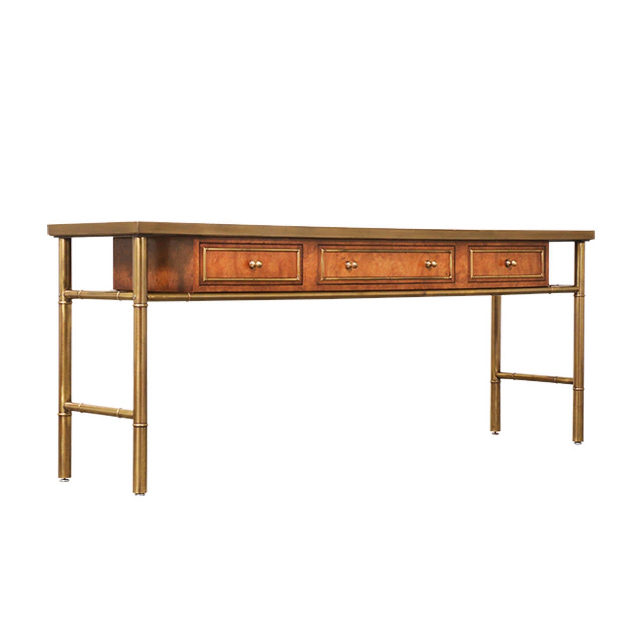 Late 20th Century Mastercraft Amboyna Burl Wood & Patinated Brass Console Table w/ Etched Top
