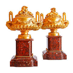 Pair of Napoleon III Ormolu and Rouge Griotte Marble Urns