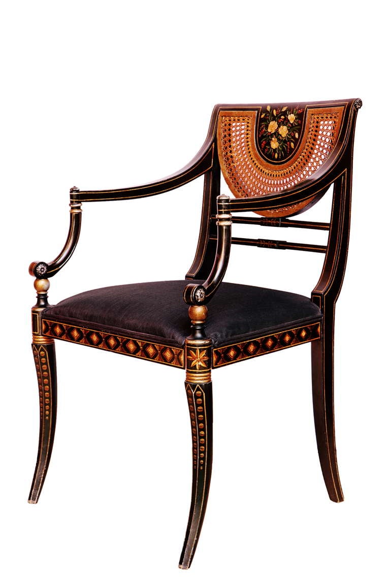 Pair of regency style japanned armachairs by Pierre Lotier
