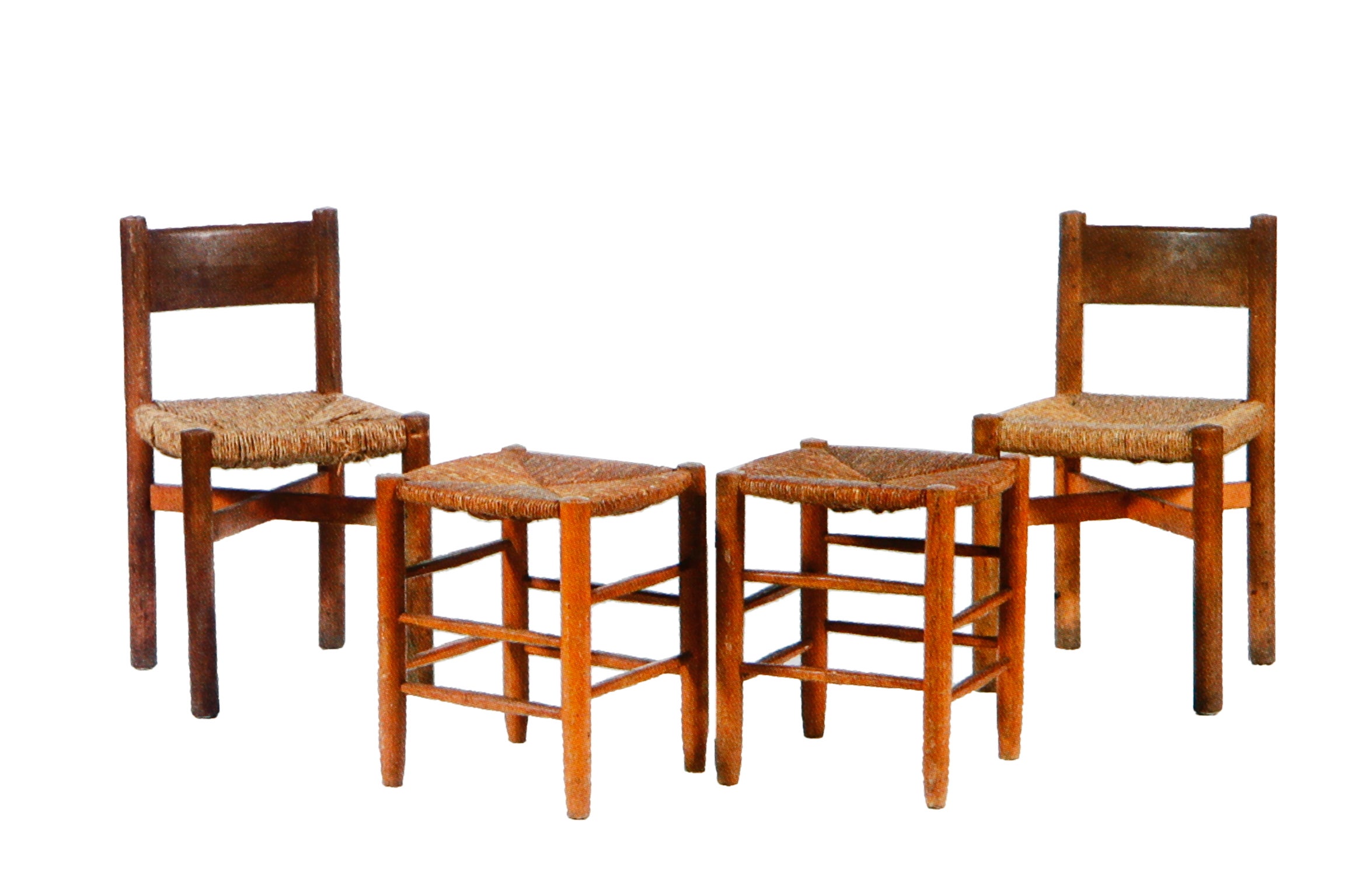 Pair of French Beechwood Side Chairs and Stools by Charlotte Perriand For Sale