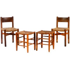 Pair of French Beechwood Side Chairs and Stools by Charlotte Perriand