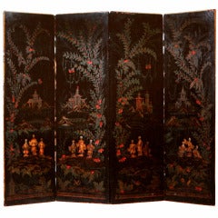 French Ebonized and Polychrome-Painted Canvas Four-Leaf Screen