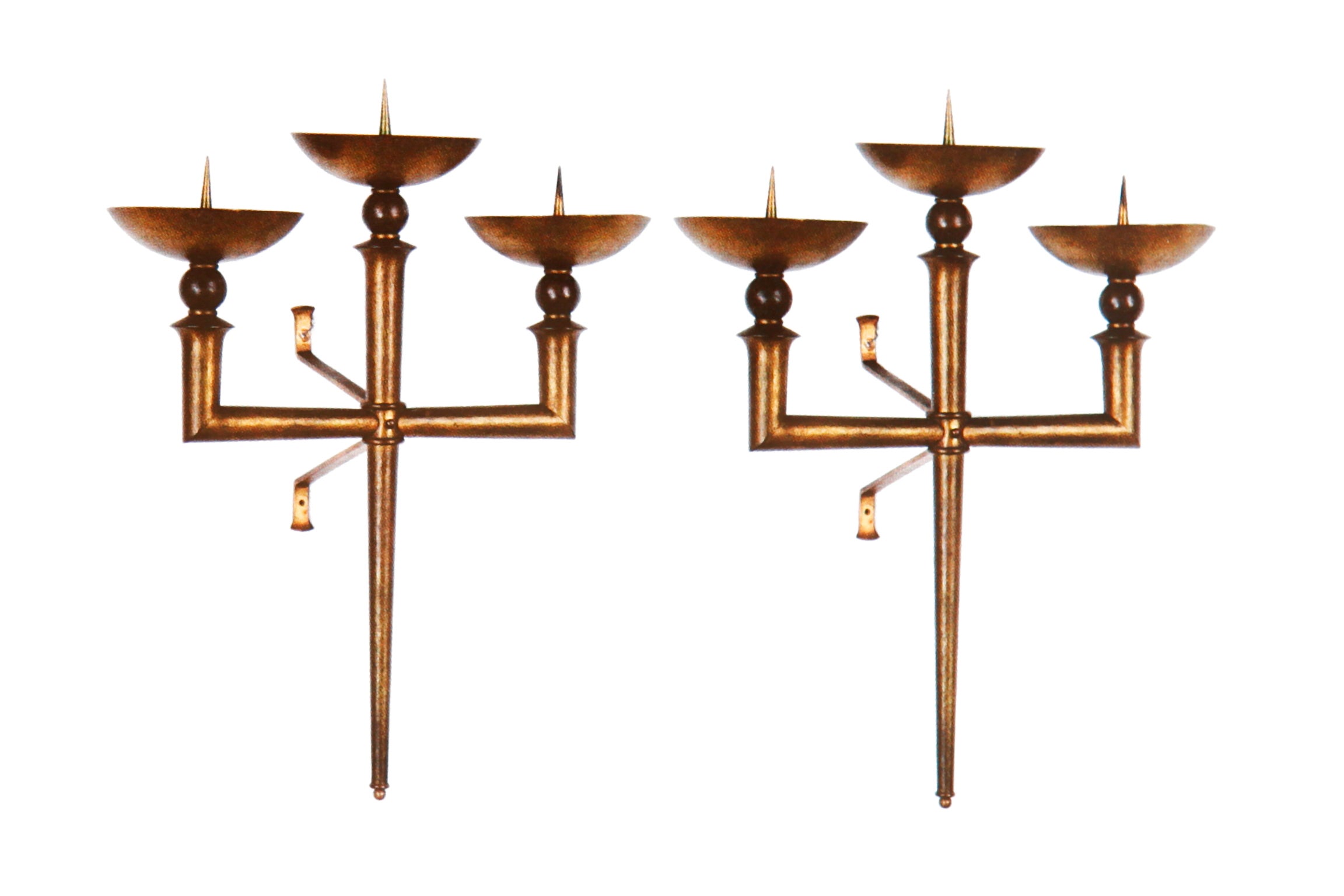 Pair Of Brass And Zinc Three-light Wall Appliques By Gilbert Poillerat For Sale