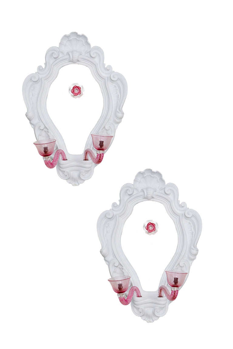 A Set Of Four 20th C. Italian White Painted And Murano Glass Wall Lights.