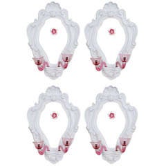 A Set Of Four 20th C. Italian White Painted And Murano Glass Wall Lights.
