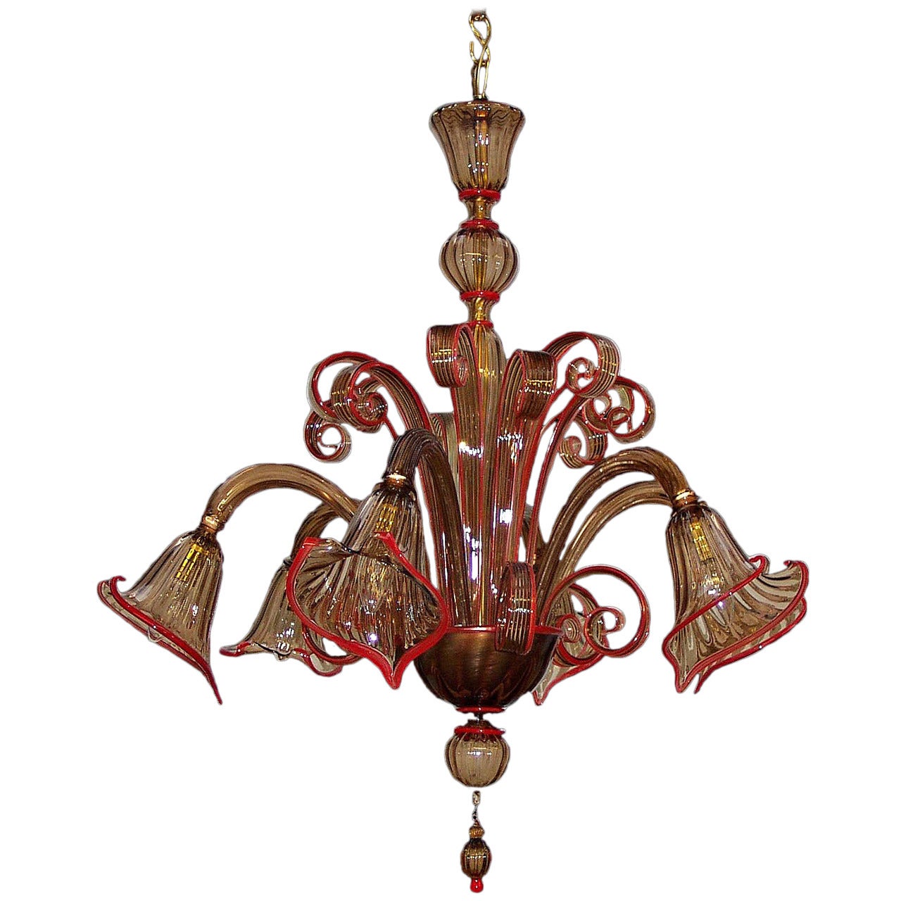 1950s Bronze and Red Trimmed Coloured Glass Venetian Six-Light Chandelier